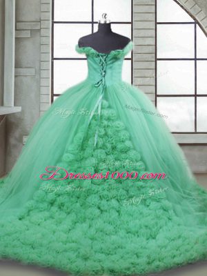 Turquoise Off The Shoulder Neckline Hand Made Flower Sweet 16 Dress Sleeveless Lace Up