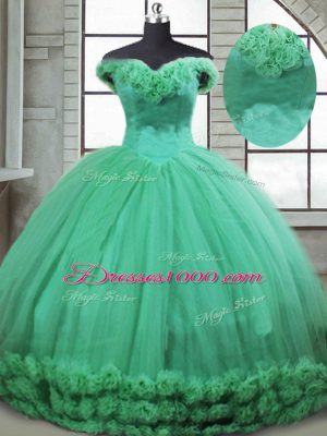 Turquoise Off The Shoulder Neckline Hand Made Flower Sweet 16 Dress Sleeveless Lace Up