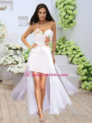 White Empire One Shoulder Sleeveless Elastic Woven Satin Mini Length Zipper Appliques Prom Party Dress