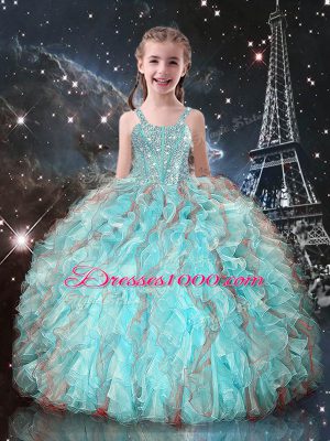 Straps Sleeveless Little Girl Pageant Gowns Floor Length Beading and Ruffles Aqua Blue Organza