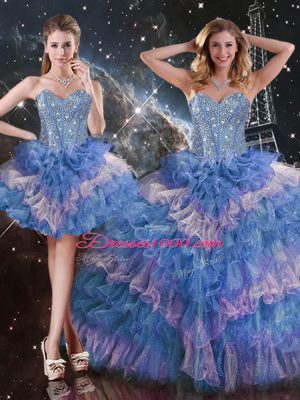 Graceful Floor Length Multi-color 15th Birthday Dress Organza Sleeveless Beading and Ruffled Layers and Sequins