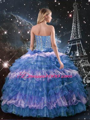 Graceful Floor Length Multi-color 15th Birthday Dress Organza Sleeveless Beading and Ruffled Layers and Sequins