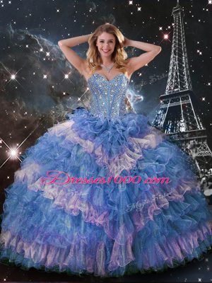 Graceful Floor Length Multi-color 15th Birthday Dress Organza Sleeveless Beading and Ruffled Layers and Sequins