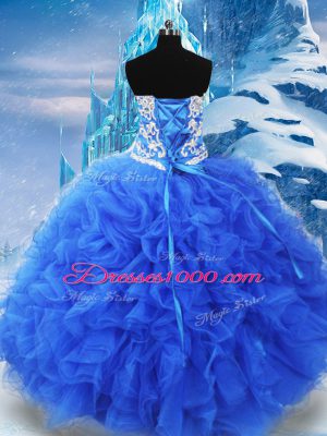 Affordable Sleeveless Organza Floor Length Lace Up Sweet 16 Dresses in Blue with Beading and Ruffles