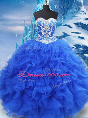 Affordable Sleeveless Organza Floor Length Lace Up Sweet 16 Dresses in Blue with Beading and Ruffles