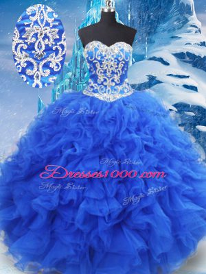 Affordable Sleeveless Organza Floor Length Lace Up Sweet 16 Dresses in Blue with Beading and Ruffles
