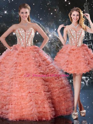 Watermelon Red Vestidos de Quinceanera Military Ball and Sweet 16 and Quinceanera with Beading and Ruffled Layers Sweetheart Sleeveless Lace Up