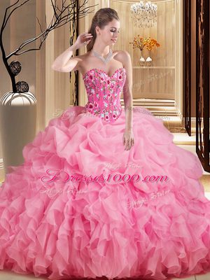 Rose Pink Organza Lace Up 15th Birthday Dress Sleeveless Brush Train Embroidery and Ruffles and Pick Ups