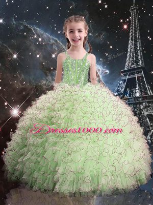 Yellow Green Lace Up Straps Beading and Ruffles Pageant Gowns For Girls Organza Sleeveless