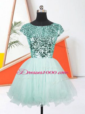 Most Popular Apple Green A-line Sequins Evening Dress Lace Up Organza Short Sleeves Mini Length