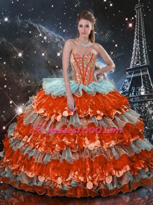 Sweetheart Sleeveless Organza Ball Gown Prom Dress Beading and Ruffles Lace Up