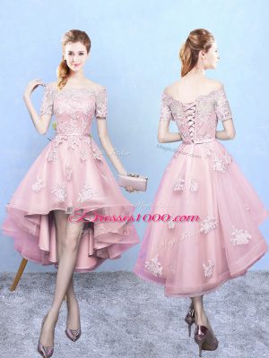 Affordable Baby Pink Tulle Lace Up Off The Shoulder Short Sleeves High Low Dama Dress for Quinceanera Lace