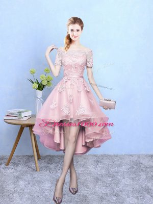 Affordable Baby Pink Tulle Lace Up Off The Shoulder Short Sleeves High Low Dama Dress for Quinceanera Lace