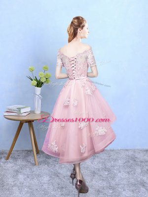 Affordable Baby Pink Tulle Lace Up Off The Shoulder Short Sleeves High Low Dama Dress for Quinceanera Lace