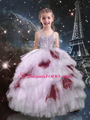 Most Popular Sleeveless Floor Length Beading and Ruffled Layers Lace Up Little Girls Pageant Gowns with White