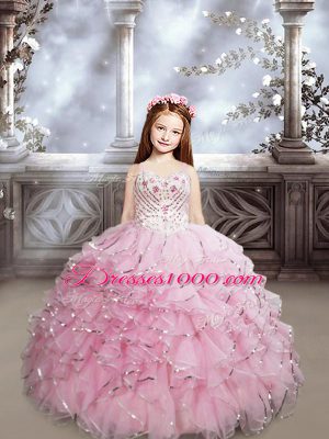 Organza Sleeveless Girls Pageant Dresses Brush Train and Beading and Ruffles
