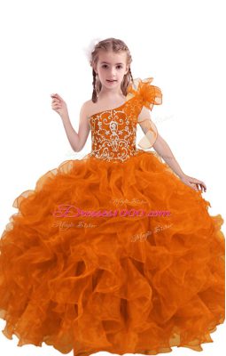 One Shoulder Sleeveless Little Girls Pageant Dress Floor Length Beading and Ruffles Orange Red Organza
