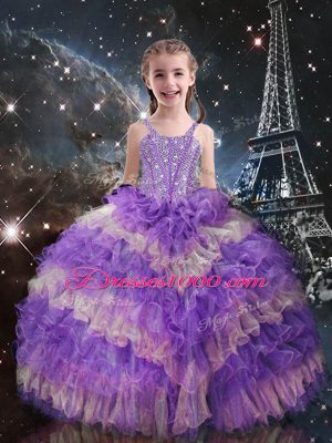 Straps Sleeveless Little Girls Pageant Dress Wholesale Floor Length Beading and Ruffled Layers Lilac Organza