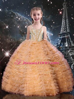 Graceful Floor Length Lace Up Little Girls Pageant Dress Orange Red for Quinceanera and Wedding Party with Beading and Ruffled Layers