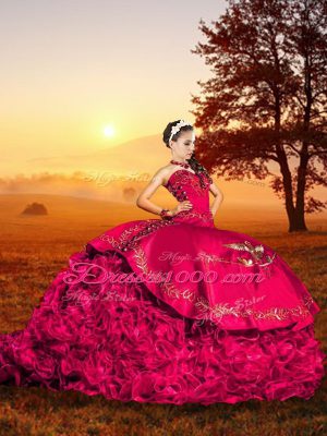 Elegant Lace Up Sweet 16 Dress Red for Military Ball and Sweet 16 and Quinceanera with Embroidery and Ruffles Brush Train