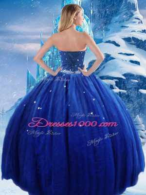 Deluxe Royal Blue Ball Gowns Strapless Sleeveless Tulle Floor Length Lace Up Beading Quinceanera Dresses