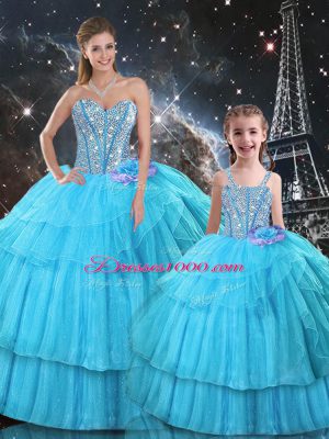 Great Aqua Blue Sweetheart Neckline Ruffled Layers and Sequins 15 Quinceanera Dress Sleeveless Lace Up