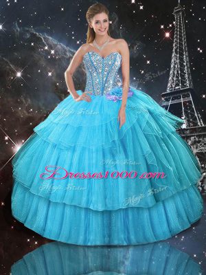 Great Aqua Blue Sweetheart Neckline Ruffled Layers and Sequins 15 Quinceanera Dress Sleeveless Lace Up