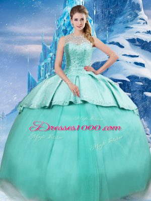 Turquoise Sweet 16 Dresses Military Ball and Sweet 16 and Quinceanera with Beading and Ruching Scoop Sleeveless Brush Train Lace Up