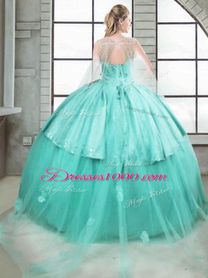 Turquoise Sweet 16 Dresses Military Ball and Sweet 16 and Quinceanera with Beading and Ruching Scoop Sleeveless Brush Train Lace Up