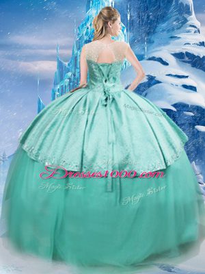 Turquoise Sweet 16 Dresses Military Ball and Sweet 16 and Quinceanera with Beading and Ruching Scoop Sleeveless Brush Train Lace Up