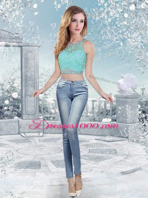 Traditional Aqua Blue Scoop Neckline Lace and Sequins Sweet 16 Dresses Sleeveless Clasp Handle