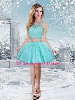 Traditional Aqua Blue Scoop Neckline Lace and Sequins Sweet 16 Dresses Sleeveless Clasp Handle