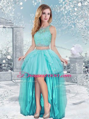 Traditional Aqua Blue Scoop Neckline Lace and Sequins Sweet 16 Dresses Sleeveless Clasp Handle