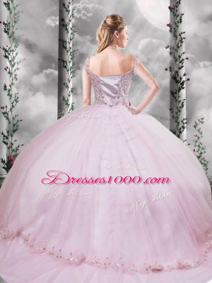 Exquisite Cap Sleeves Brush Train Beading and Appliques Side Zipper Quinceanera Gowns