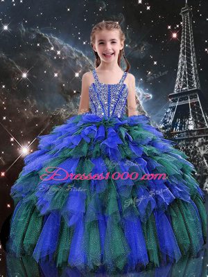 Straps Sleeveless Lace Up Little Girl Pageant Dress Blue Tulle