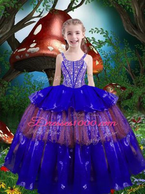 Royal Blue Little Girl Pageant Gowns Quinceanera and Wedding Party with Beading and Ruffled Layers Straps Sleeveless Lace Up