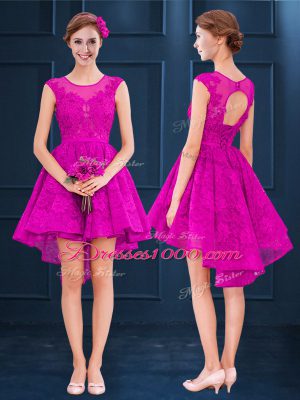 Glamorous Scoop Sleeveless Quinceanera Dama Dress High Low Lace and Belt Fuchsia Satin and Tulle