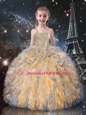 Trendy Champagne Little Girl Pageant Dress Quinceanera and Wedding Party with Beading and Ruffles Straps Sleeveless Lace Up