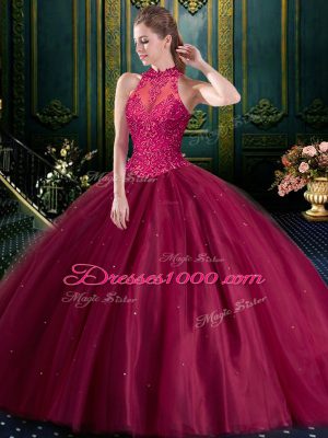 Ideal High-neck Sleeveless Lace Up 15 Quinceanera Dress Burgundy Tulle