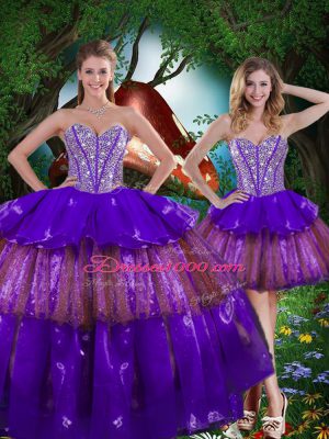 Customized Sleeveless Lace Up Floor Length Beading and Ruffled Layers and Sequins Quinceanera Gown