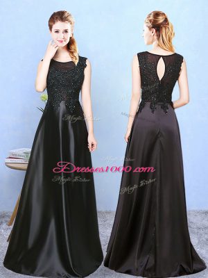 Noble Black Empire Beading Bridesmaid Gown Zipper Satin Sleeveless Floor Length