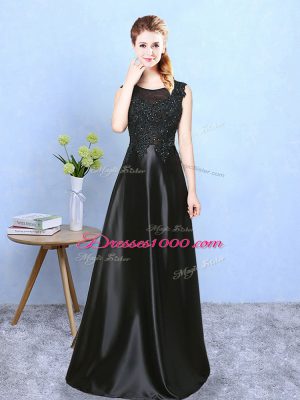 Noble Black Empire Beading Bridesmaid Gown Zipper Satin Sleeveless Floor Length