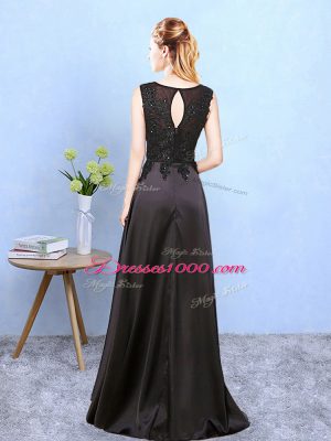 Noble Black Empire Beading Bridesmaid Gown Zipper Satin Sleeveless Floor Length