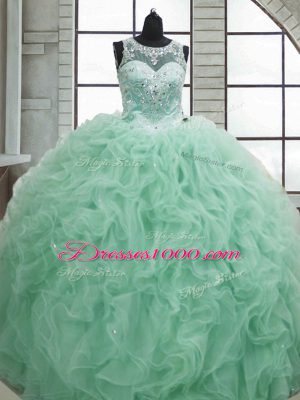 Customized Apple Green Lace Up Quince Ball Gowns Beading and Ruffles Sleeveless Floor Length