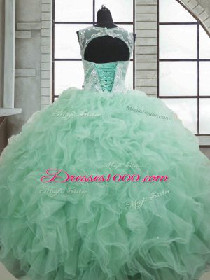 Customized Apple Green Lace Up Quince Ball Gowns Beading and Ruffles Sleeveless Floor Length