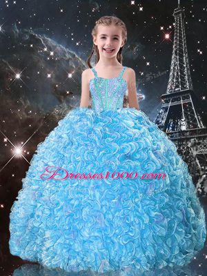 Exquisite Floor Length Lace Up Child Pageant Dress Aqua Blue for Quinceanera and Wedding Party with Beading and Ruffles