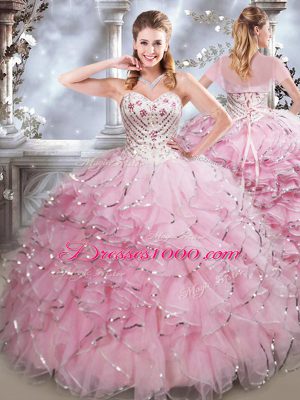 Luxury Sweetheart Sleeveless Sweet 16 Dress Floor Length Beading and Ruffles Baby Pink Organza