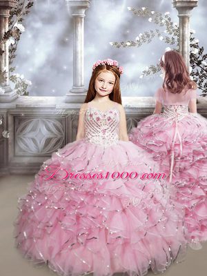 Luxury Sweetheart Sleeveless Sweet 16 Dress Floor Length Beading and Ruffles Baby Pink Organza