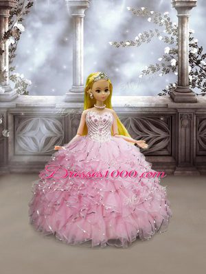 Luxury Sweetheart Sleeveless Sweet 16 Dress Floor Length Beading and Ruffles Baby Pink Organza
