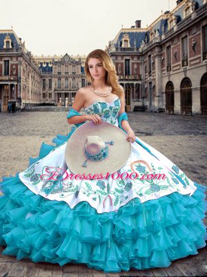 Blue And White Organza and Taffeta Lace Up Sweetheart Sleeveless Floor Length Sweet 16 Quinceanera Dress Embroidery and Ruffled Layers